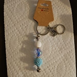 Handmade Beaded Purse Keyfinder Keychain with Blue and White Beads